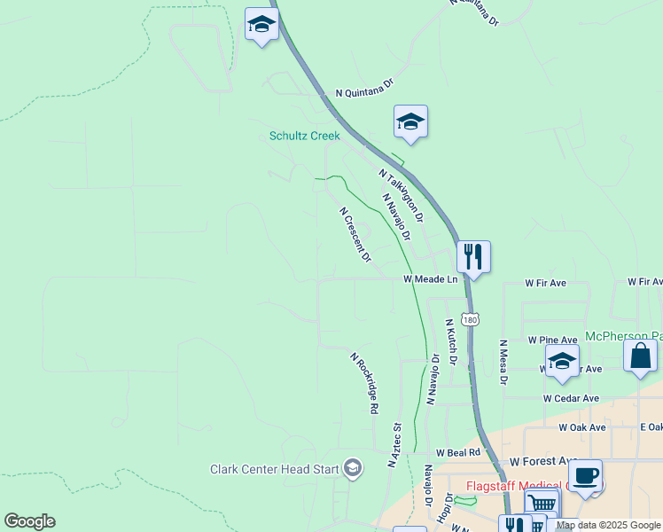map of restaurants, bars, coffee shops, grocery stores, and more near 1456 West Meade Lane in Flagstaff