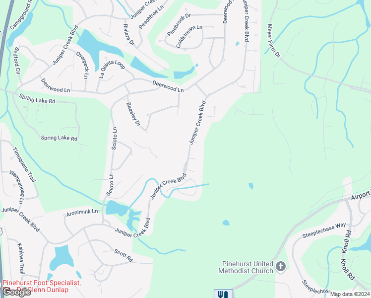 map of restaurants, bars, coffee shops, grocery stores, and more near 107 Juniper Creek Boulevard in Pinehurst