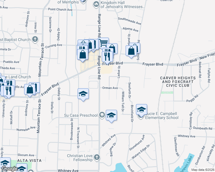 map of restaurants, bars, coffee shops, grocery stores, and more near 3401 Justine Street in Memphis