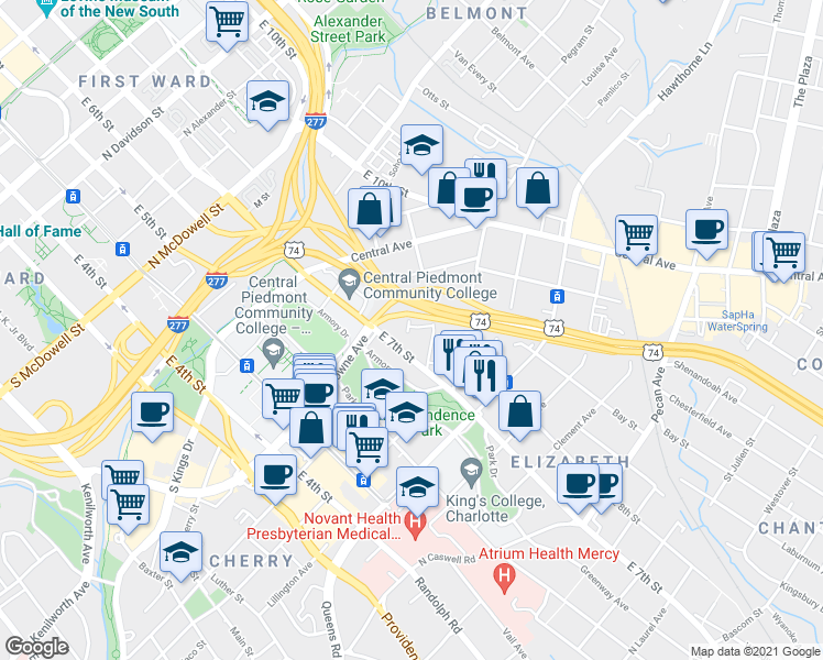 map of restaurants, bars, coffee shops, grocery stores, and more near 621 Mattie Rose Lane in Charlotte