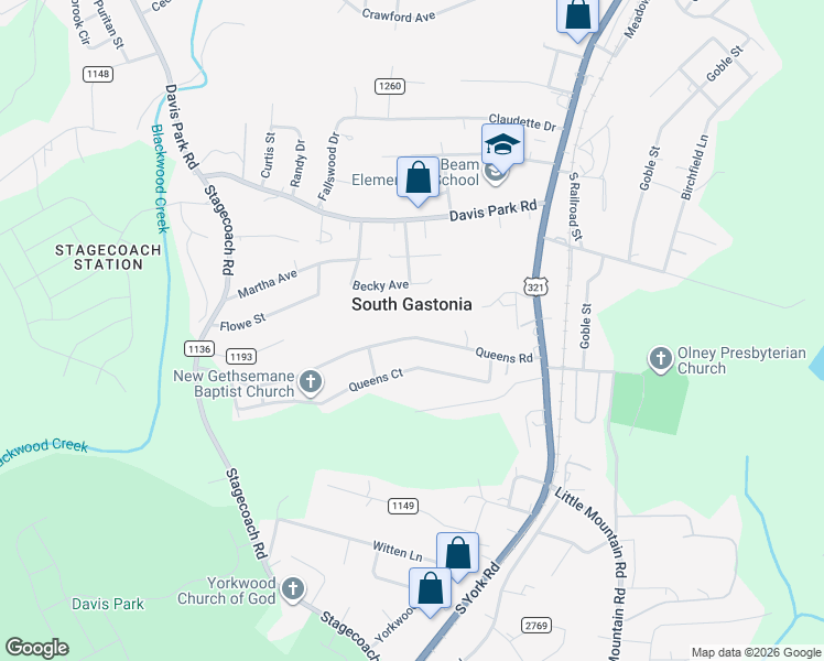 map of restaurants, bars, coffee shops, grocery stores, and more near 412 Queens Road in Gastonia