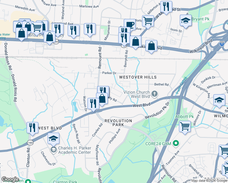 map of restaurants, bars, coffee shops, grocery stores, and more near 1821 Sims Drive in Charlotte