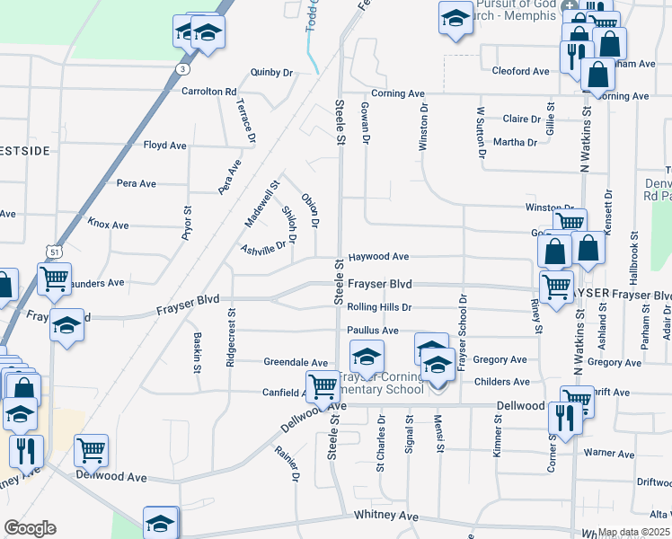 map of restaurants, bars, coffee shops, grocery stores, and more near 3401 Steele Street in Memphis
