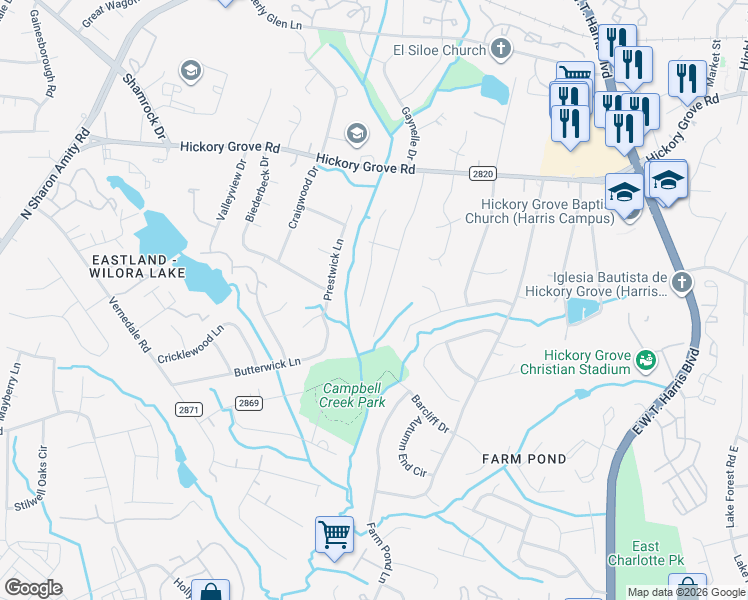 map of restaurants, bars, coffee shops, grocery stores, and more near 4900 McAlpine Lane in Charlotte