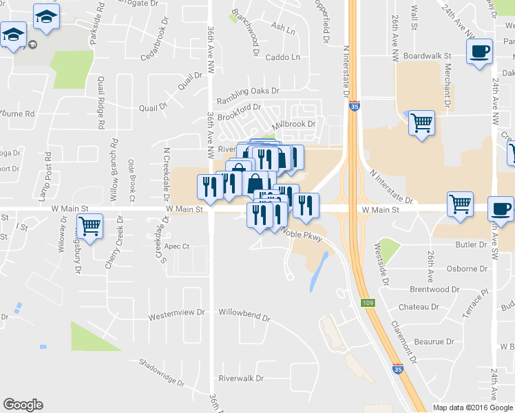 map of restaurants, bars, coffee shops, grocery stores, and more near 3351 W Main St in Norman