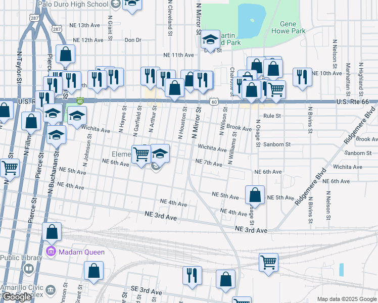 map of restaurants, bars, coffee shops, grocery stores, and more near 705 North Mirror Street in Amarillo