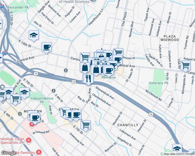 map of restaurants, bars, coffee shops, grocery stores, and more near 1710 Commonwealth Avenue in Charlotte