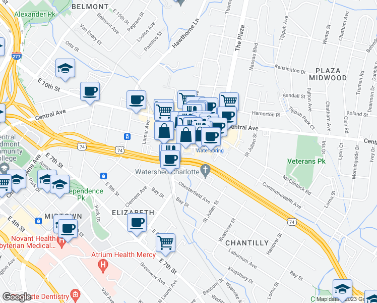 map of restaurants, bars, coffee shops, grocery stores, and more near 1710 Commonwealth Avenue in Charlotte
