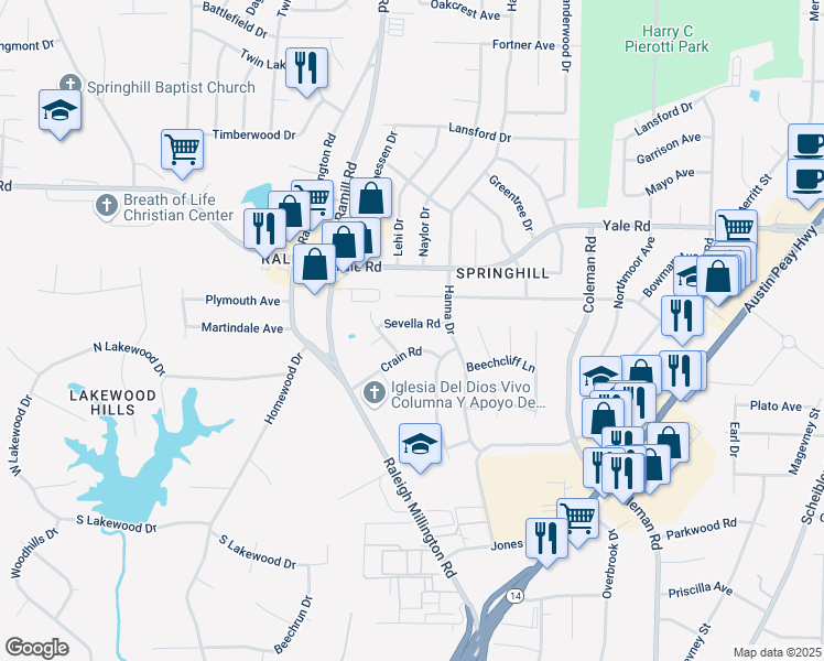 map of restaurants, bars, coffee shops, grocery stores, and more near 4177 Sevella Road in Memphis