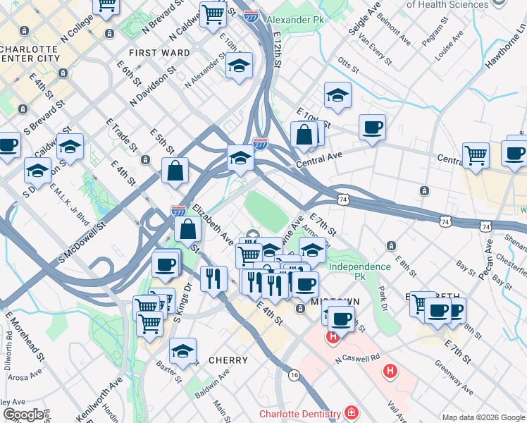 map of restaurants, bars, coffee shops, grocery stores, and more near 1301 Park Drive in Charlotte