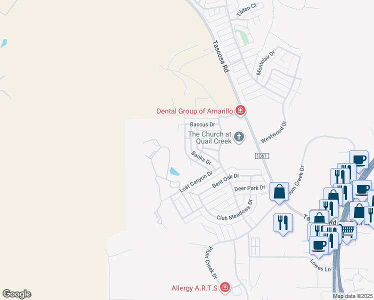 map of restaurants, bars, coffee shops, grocery stores, and more near 125 Banks Drive in Amarillo