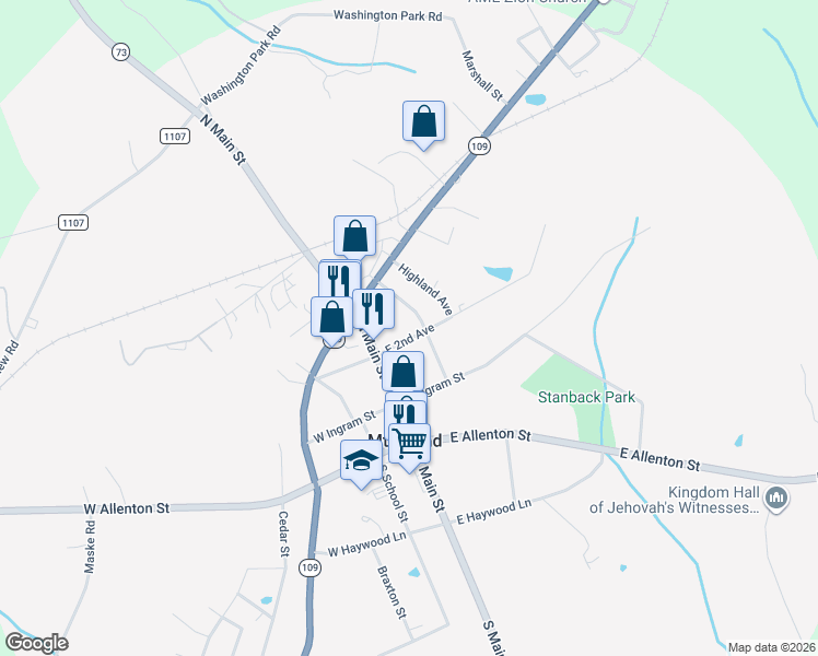 map of restaurants, bars, coffee shops, grocery stores, and more near 105 East 2nd Avenue in Mount Gilead