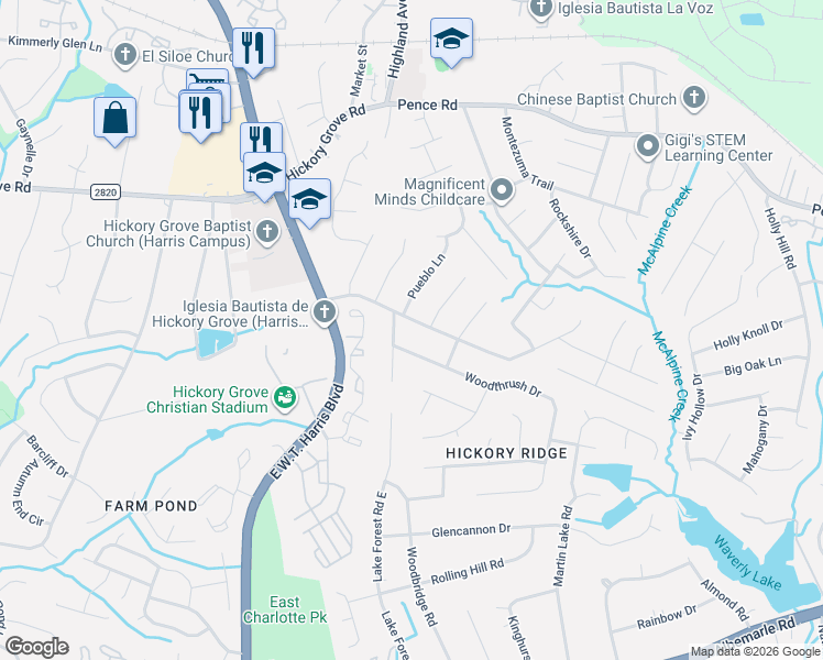 map of restaurants, bars, coffee shops, grocery stores, and more near 6008 Trysting Road in Charlotte