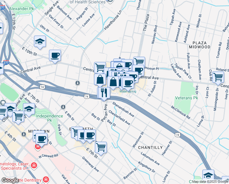 map of restaurants, bars, coffee shops, grocery stores, and more near 1800 Commonwealth Avenue in Charlotte
