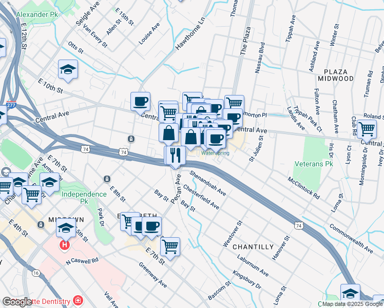 map of restaurants, bars, coffee shops, grocery stores, and more near 1800 Commonwealth Avenue in Charlotte