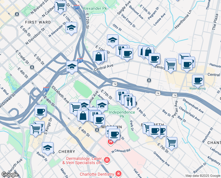 map of restaurants, bars, coffee shops, grocery stores, and more near 621 Mattie Rose Lane in Charlotte