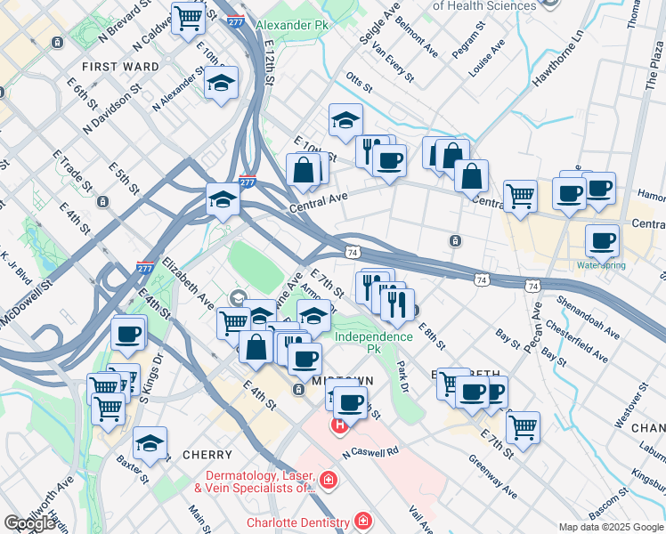 map of restaurants, bars, coffee shops, grocery stores, and more near in Charlotte