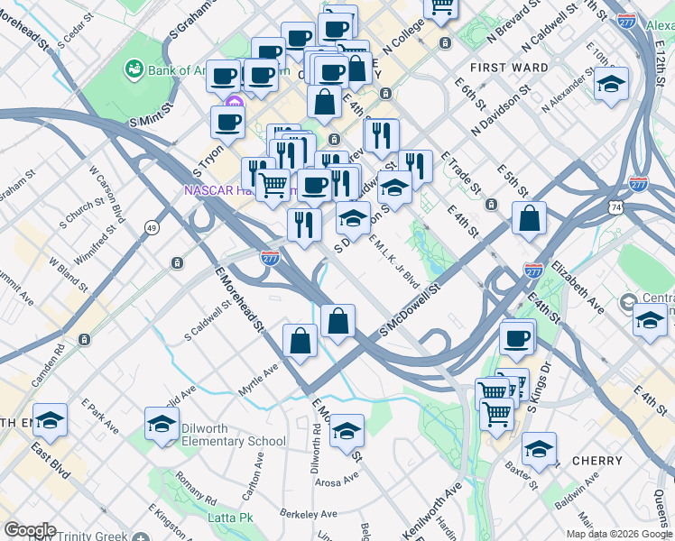 map of restaurants, bars, coffee shops, grocery stores, and more near in Charlotte