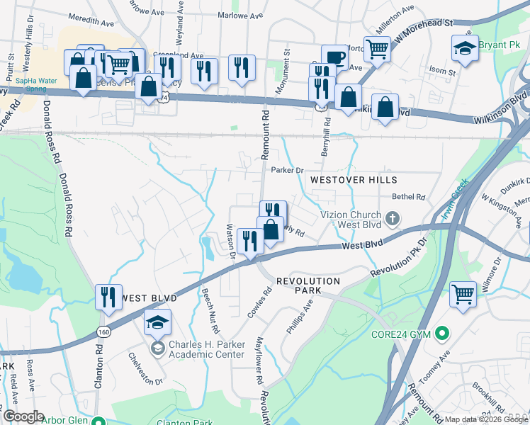 map of restaurants, bars, coffee shops, grocery stores, and more near 1528 Kimberly Road in Charlotte