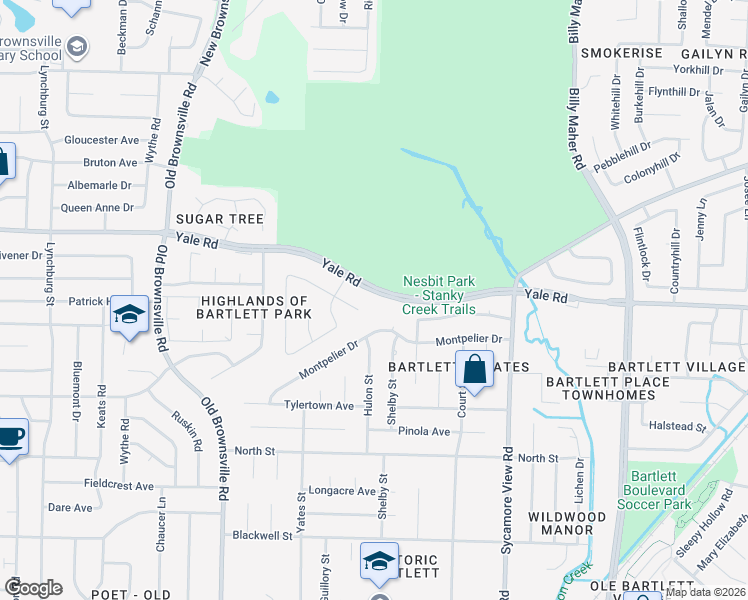 map of restaurants, bars, coffee shops, grocery stores, and more near 5681 Yale Road in Bartlett