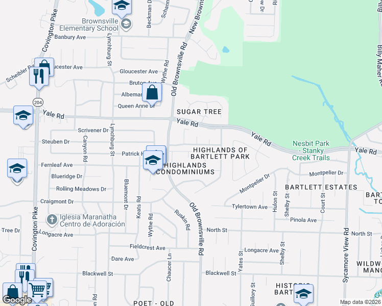 map of restaurants, bars, coffee shops, grocery stores, and more near 3405 Lord Dunmore Cove in Bartlett