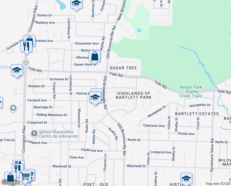 map of restaurants, bars, coffee shops, grocery stores, and more near 3405 Lord Dunmore Cove in Bartlett