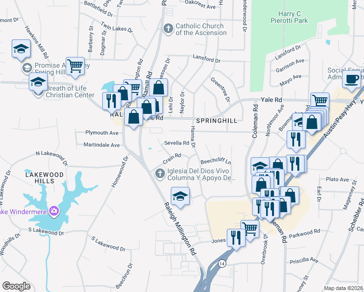 map of restaurants, bars, coffee shops, grocery stores, and more near 4199 Sevella Road in Memphis