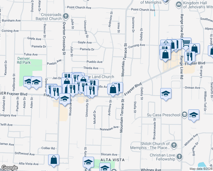map of restaurants, bars, coffee shops, grocery stores, and more near 2312 Dells Avenue in Memphis