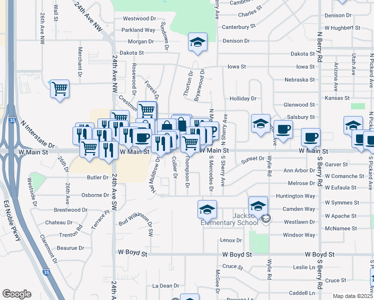 map of restaurants, bars, coffee shops, grocery stores, and more near 1901 West Main Street in Norman