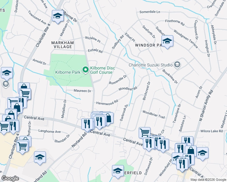 map of restaurants, bars, coffee shops, grocery stores, and more near 3341 Woodleaf Road in Charlotte