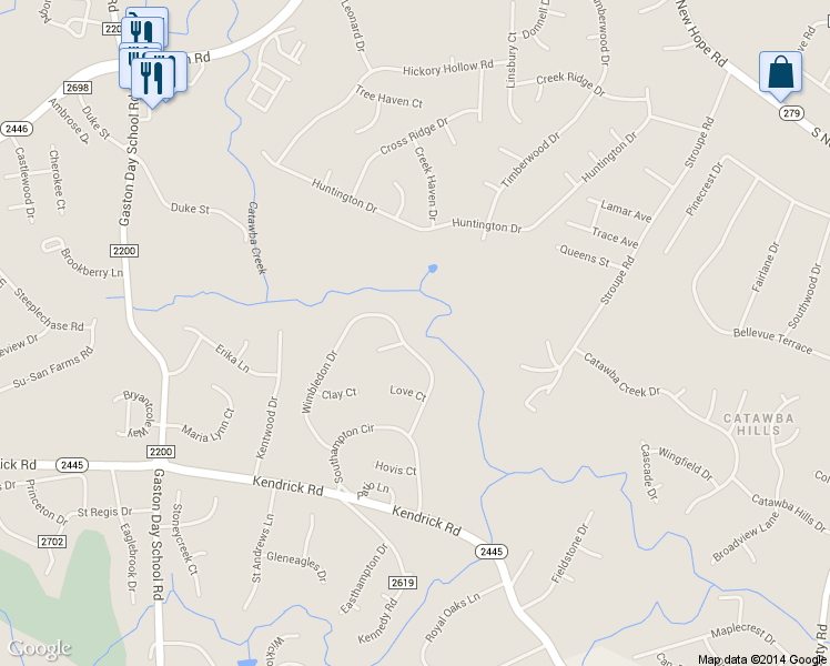 map of restaurants, bars, coffee shops, grocery stores, and more near 2813 Wimbledon Drive in Gastonia