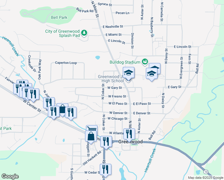 map of restaurants, bars, coffee shops, grocery stores, and more near 105 West Gary Street in Greenwood