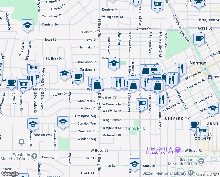 map of restaurants, bars, coffee shops, grocery stores, and more near 1037 West Main Street in Norman