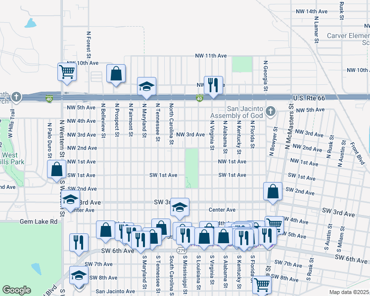 map of restaurants, bars, coffee shops, grocery stores, and more near 3301 Northwest 2nd Avenue in Amarillo