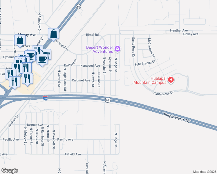 map of restaurants, bars, coffee shops, grocery stores, and more near 3241 Cypress Street in Kingman