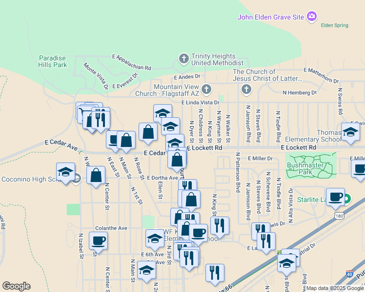 map of restaurants, bars, coffee shops, grocery stores, and more near 3223 North Fourth Street in Flagstaff