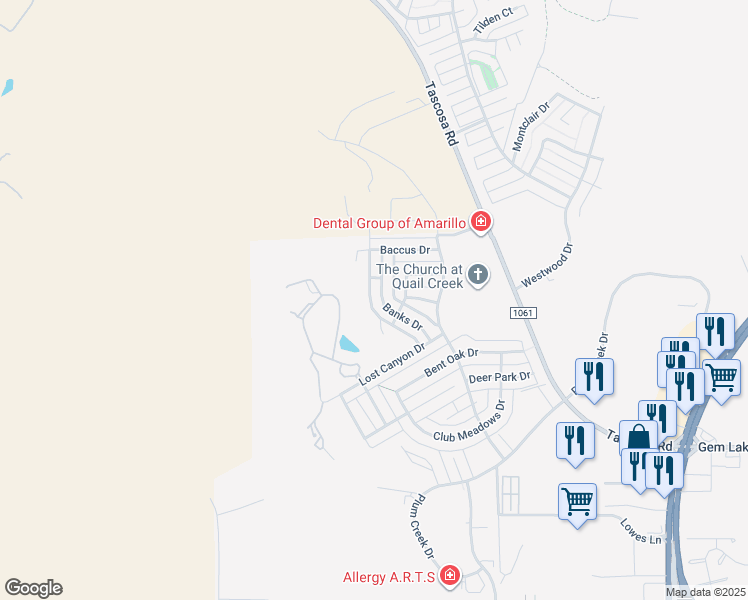 map of restaurants, bars, coffee shops, grocery stores, and more near 125 Banks Drive in Amarillo