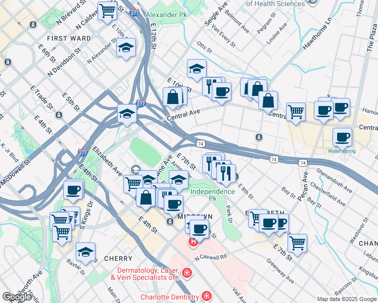map of restaurants, bars, coffee shops, grocery stores, and more near 621 Mattie Rose Lane in Charlotte