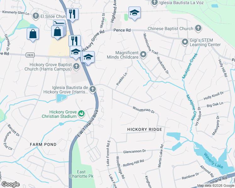 map of restaurants, bars, coffee shops, grocery stores, and more near 6008 Trysting Road in Charlotte