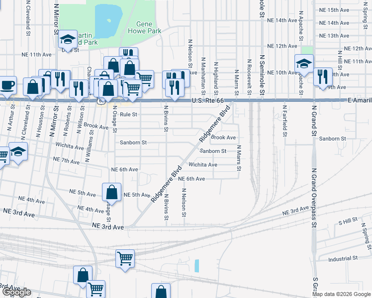 map of restaurants, bars, coffee shops, grocery stores, and more near 2709 Ridgemere Boulevard in Amarillo
