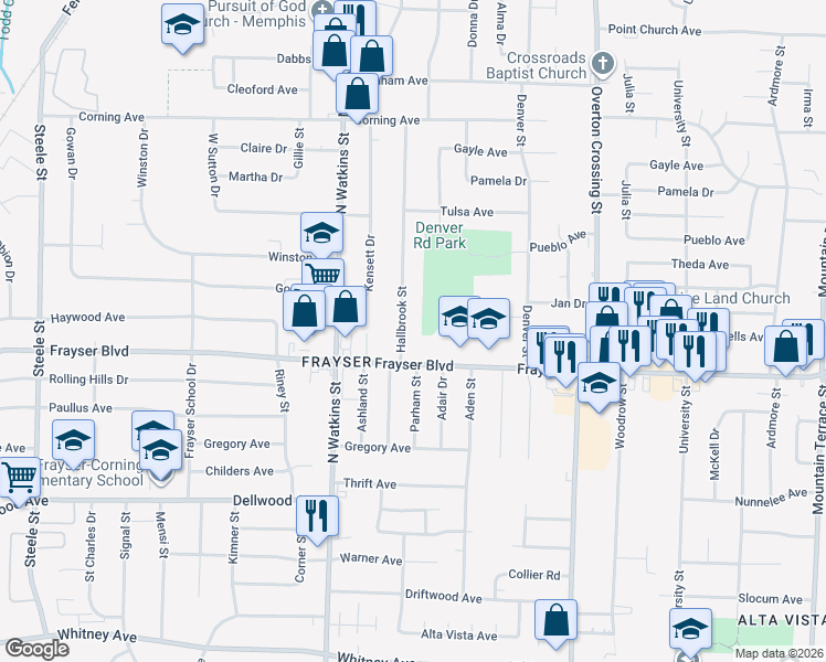 map of restaurants, bars, coffee shops, grocery stores, and more near 3406 Hallbrook Street in Memphis