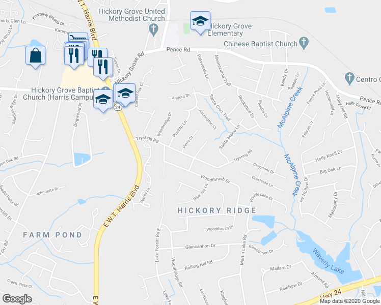 map of restaurants, bars, coffee shops, grocery stores, and more near 6039 Trysting Rd in Charlotte