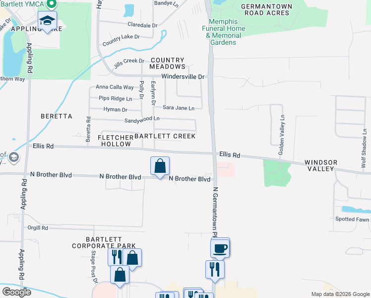map of restaurants, bars, coffee shops, grocery stores, and more near 8062 Ellis Road in Bartlett