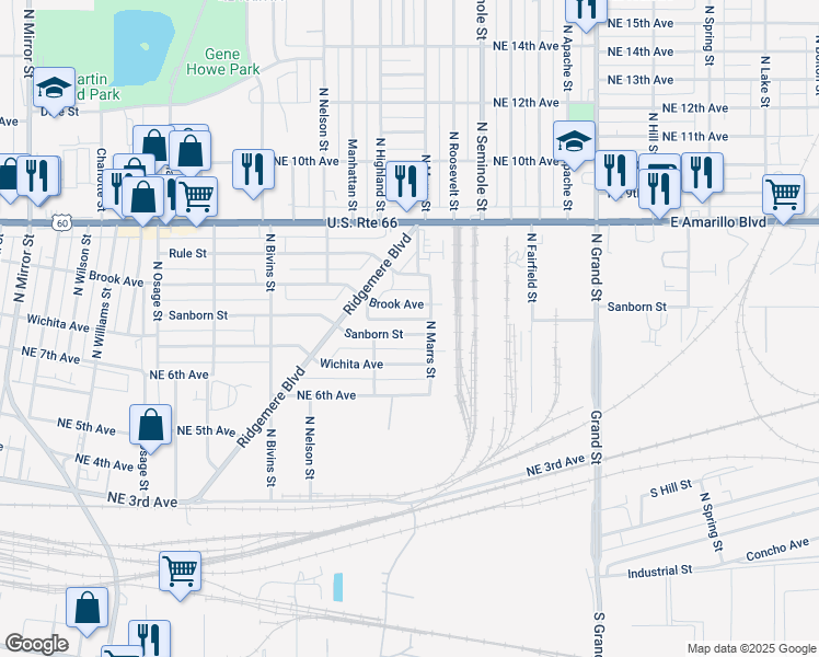 map of restaurants, bars, coffee shops, grocery stores, and more near 2839 Sanborn Street in Amarillo