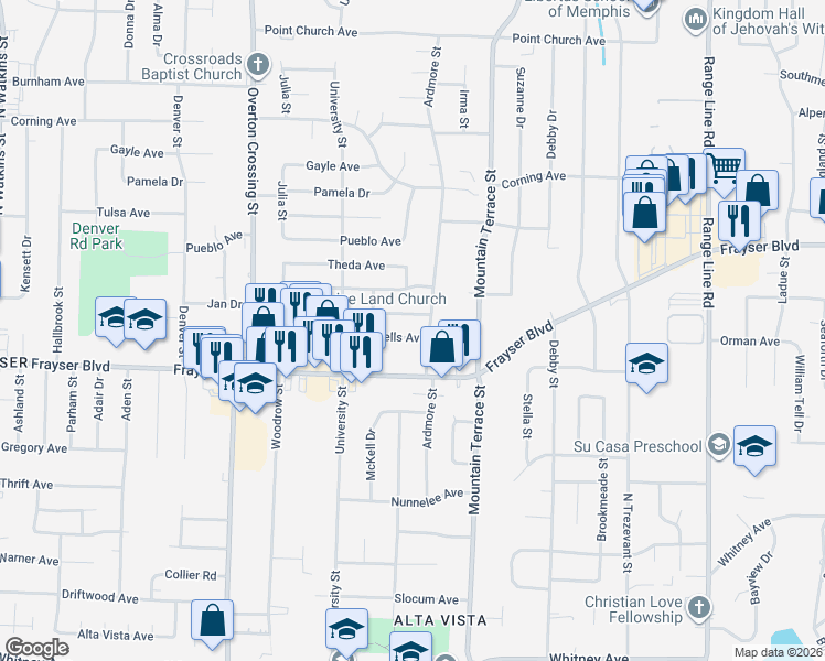 map of restaurants, bars, coffee shops, grocery stores, and more near 2312 Dells Avenue in Memphis