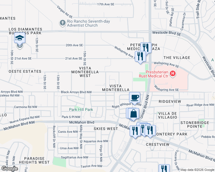 map of restaurants, bars, coffee shops, grocery stores, and more near 2425 Lynn Road Southeast in Rio Rancho
