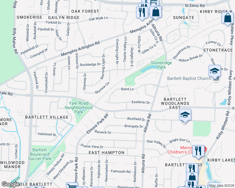 map of restaurants, bars, coffee shops, grocery stores, and more near 3398 Staples Cove in Bartlett