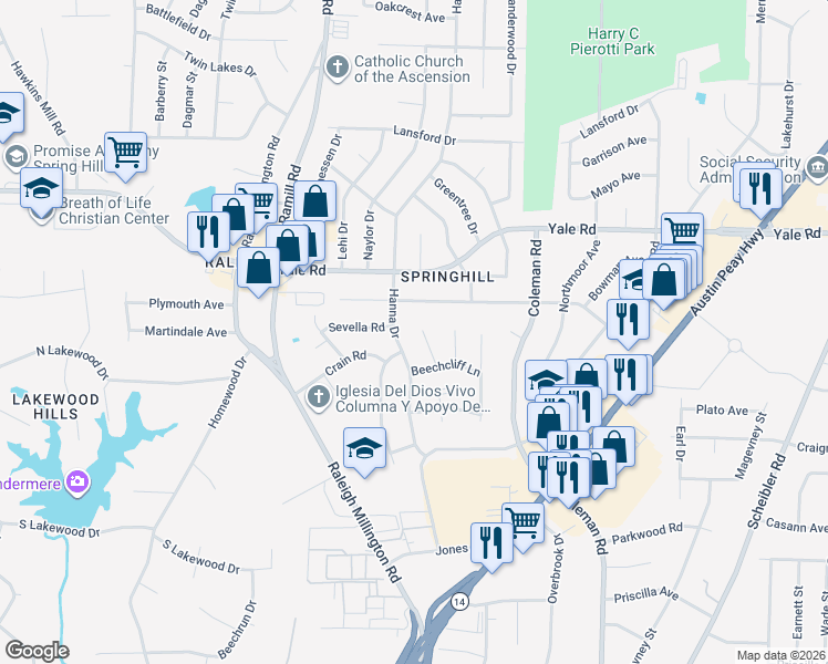 map of restaurants, bars, coffee shops, grocery stores, and more near 3407 Hocker Hedge Cove in Memphis
