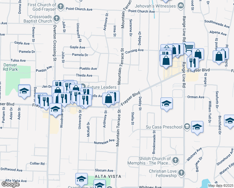 map of restaurants, bars, coffee shops, grocery stores, and more near 3413 Mountain Terrace Street in Memphis