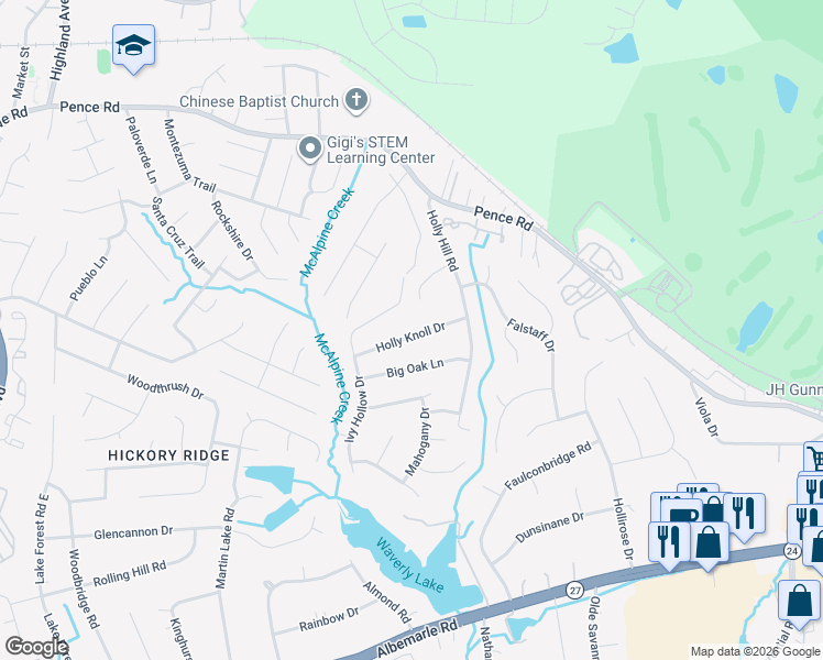 map of restaurants, bars, coffee shops, grocery stores, and more near 6312 Holly Knoll Drive in Charlotte